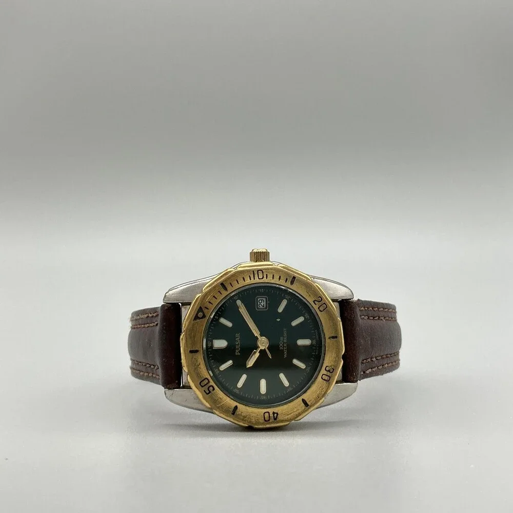 Vintage Pulsar Womens Watch 28mm Green Dial Brown Leather Diver Date New Battery